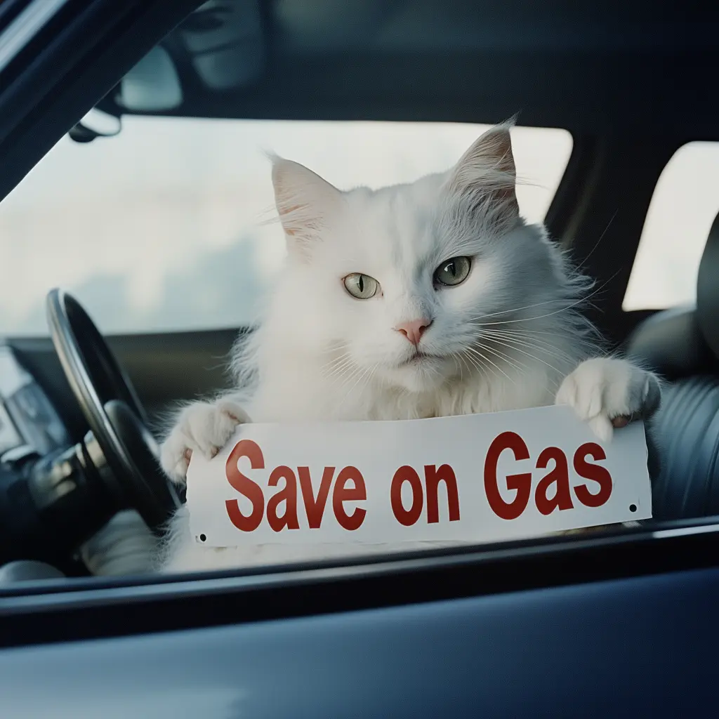 white cat driving with sign that says save on gas