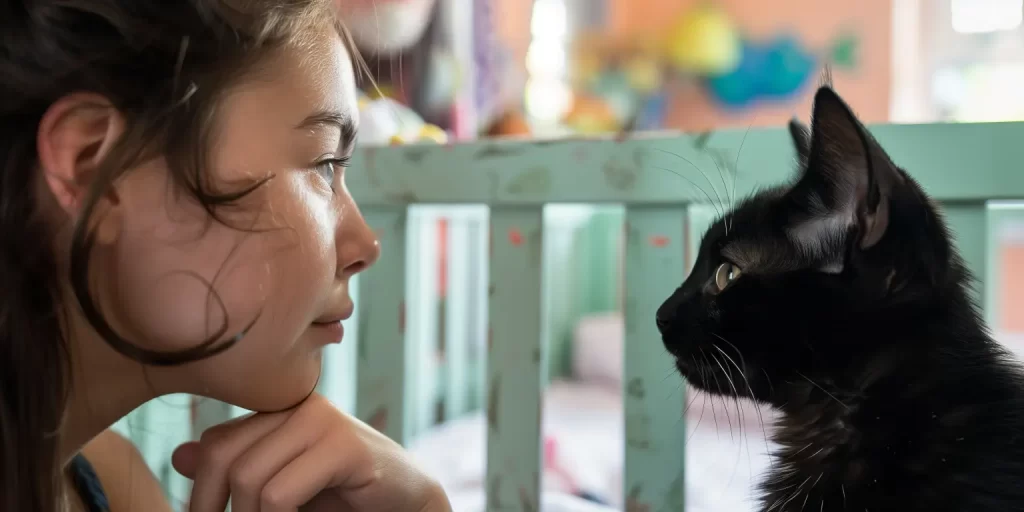 young girl that is first time cat parent staring at black kitten