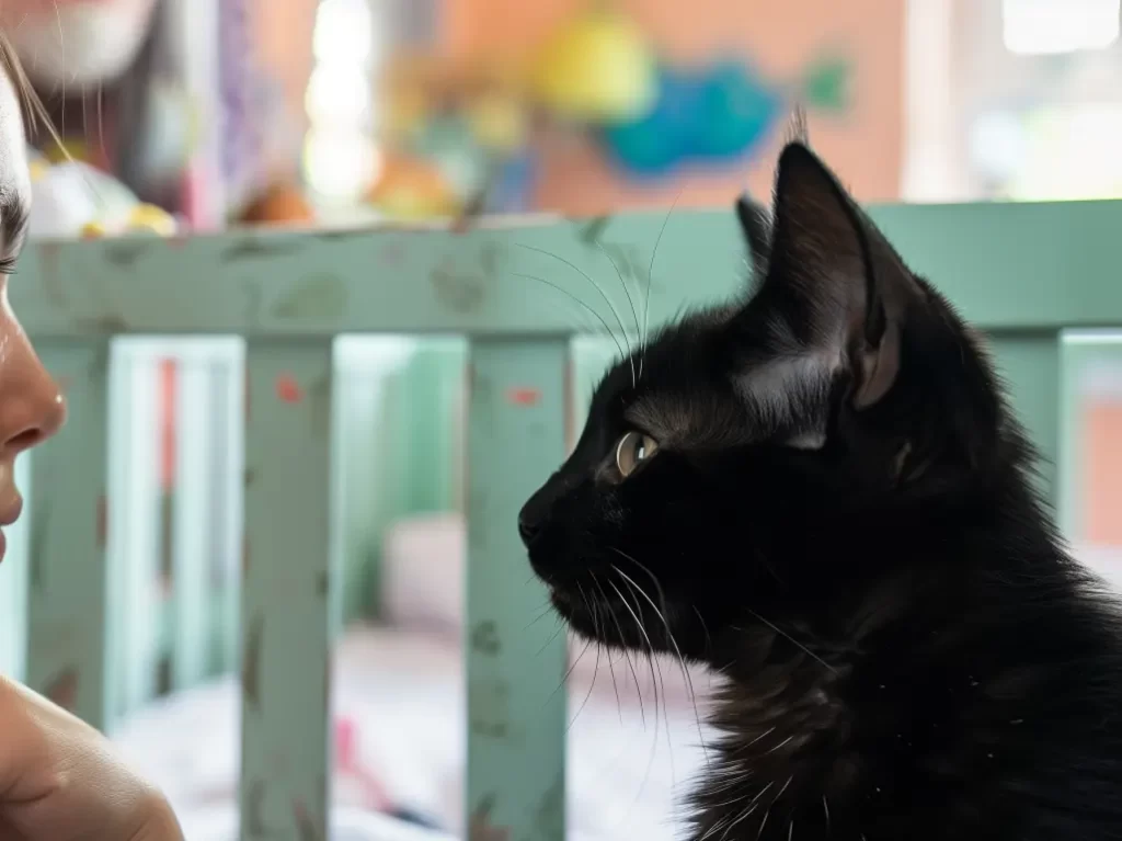 young girl that is first time cat parent staring at black kitten