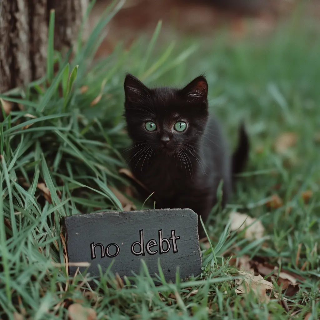 a black kitten next to grass with the words no debt carved into it