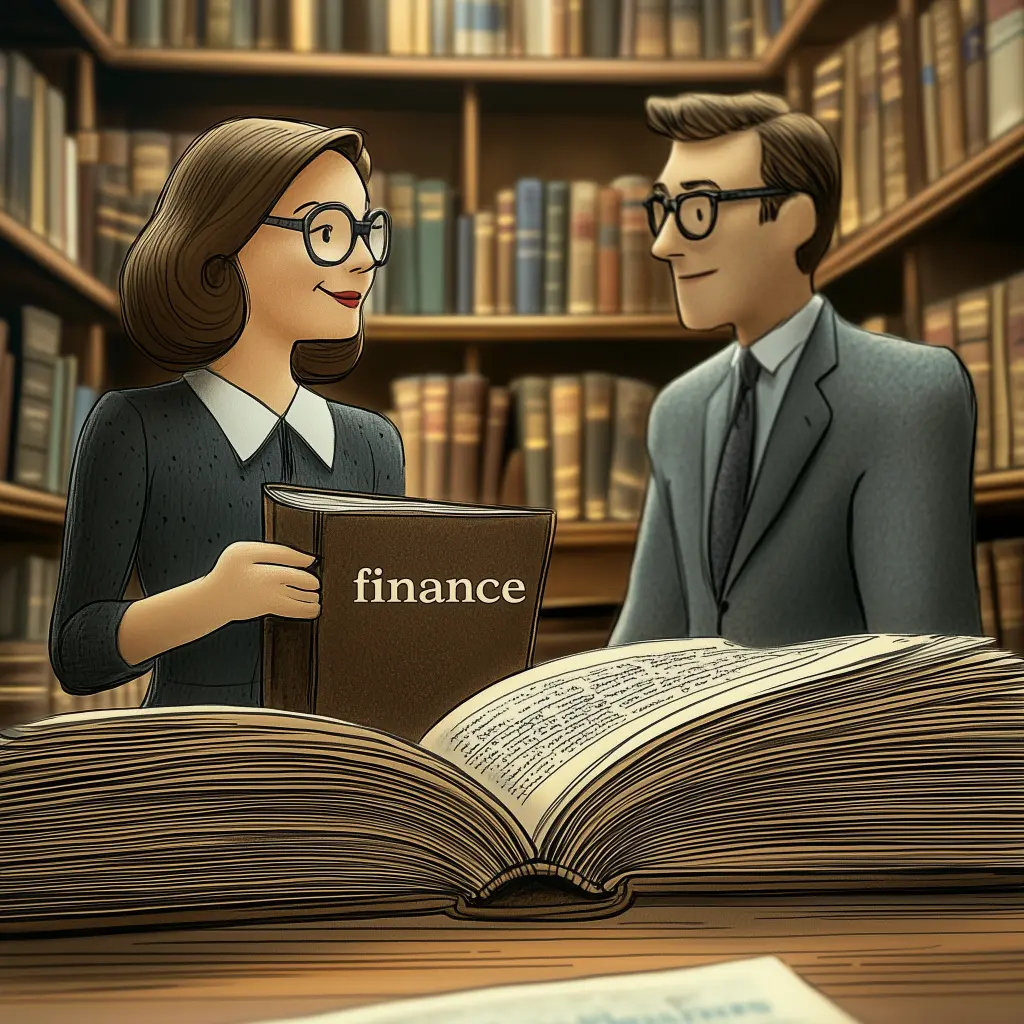 a cartoon couple in a library with a book labeled finance