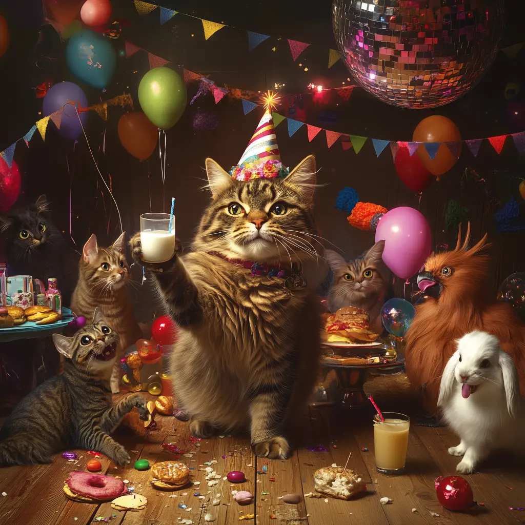 a cat at a party with various animals holding up a glass of milk demonstrating an extroverted personality type