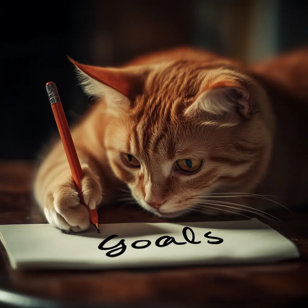 a cat changing financial behavior by writing out goals on a piece of paper