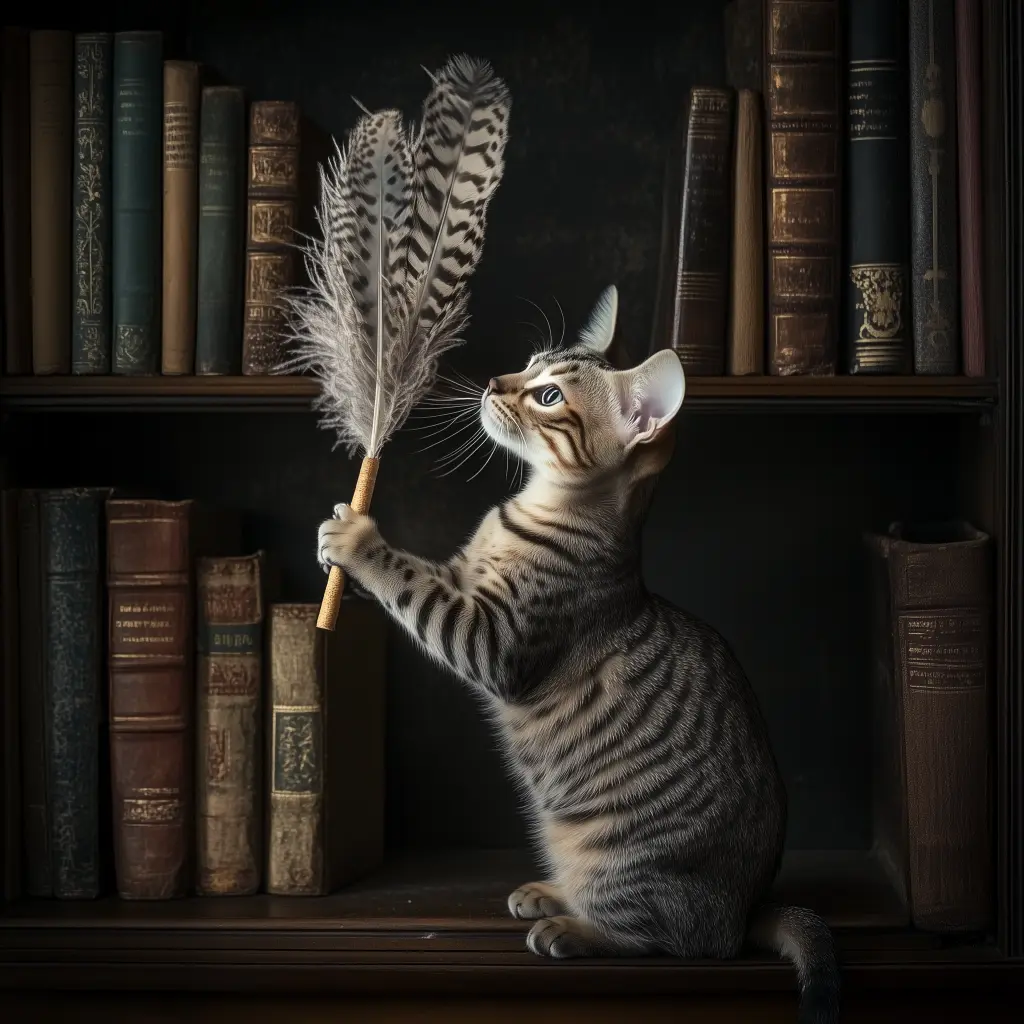 a cat cleaning using a feather duster on a bookshelf