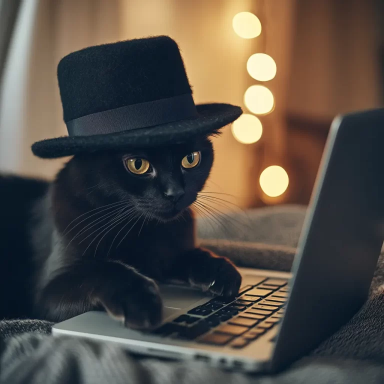 a cat dressed like a black hat computer hacker typing on a laptop