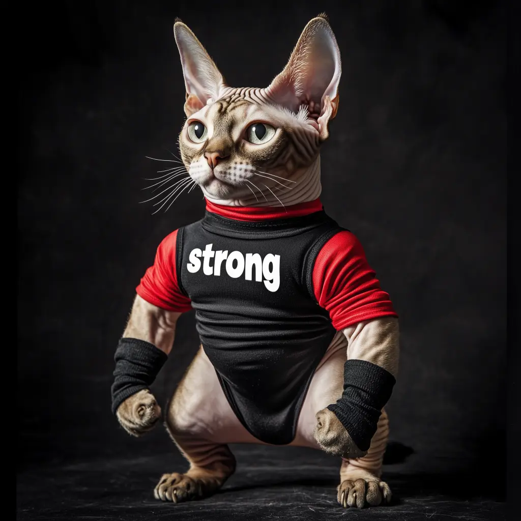 a cat dressed up like a body builder with the word strong on its shirt