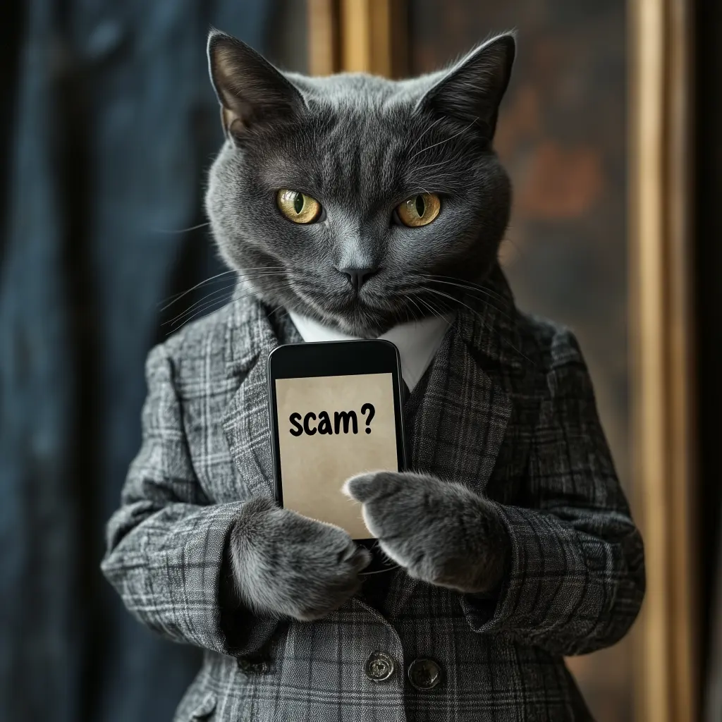 a cat dressed up like a businessman showing a cell phone that has the text on it reading scam?