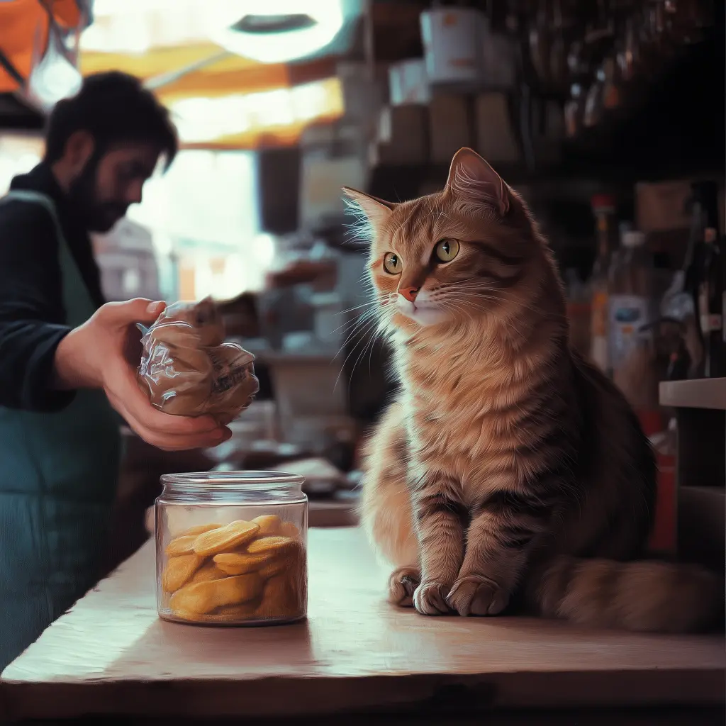 a cat exchanging goods