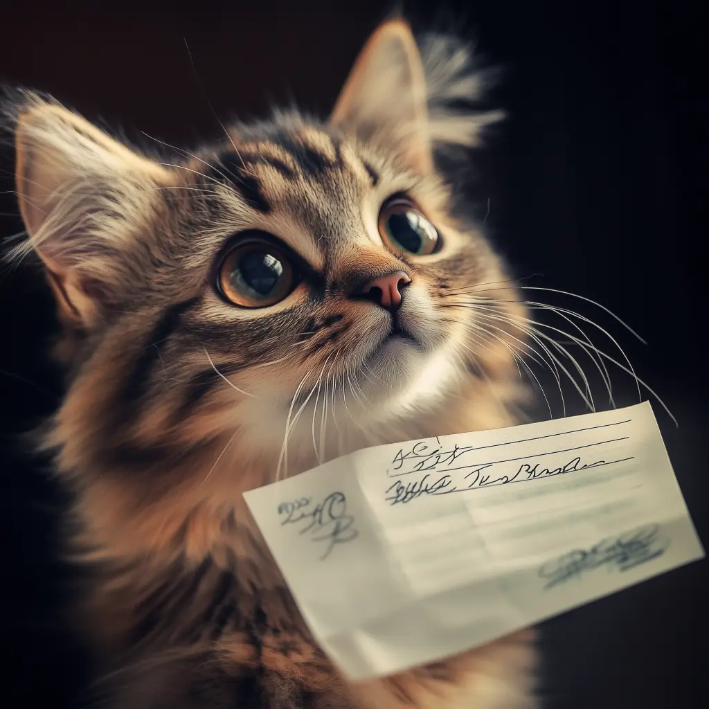 a cat holding a check