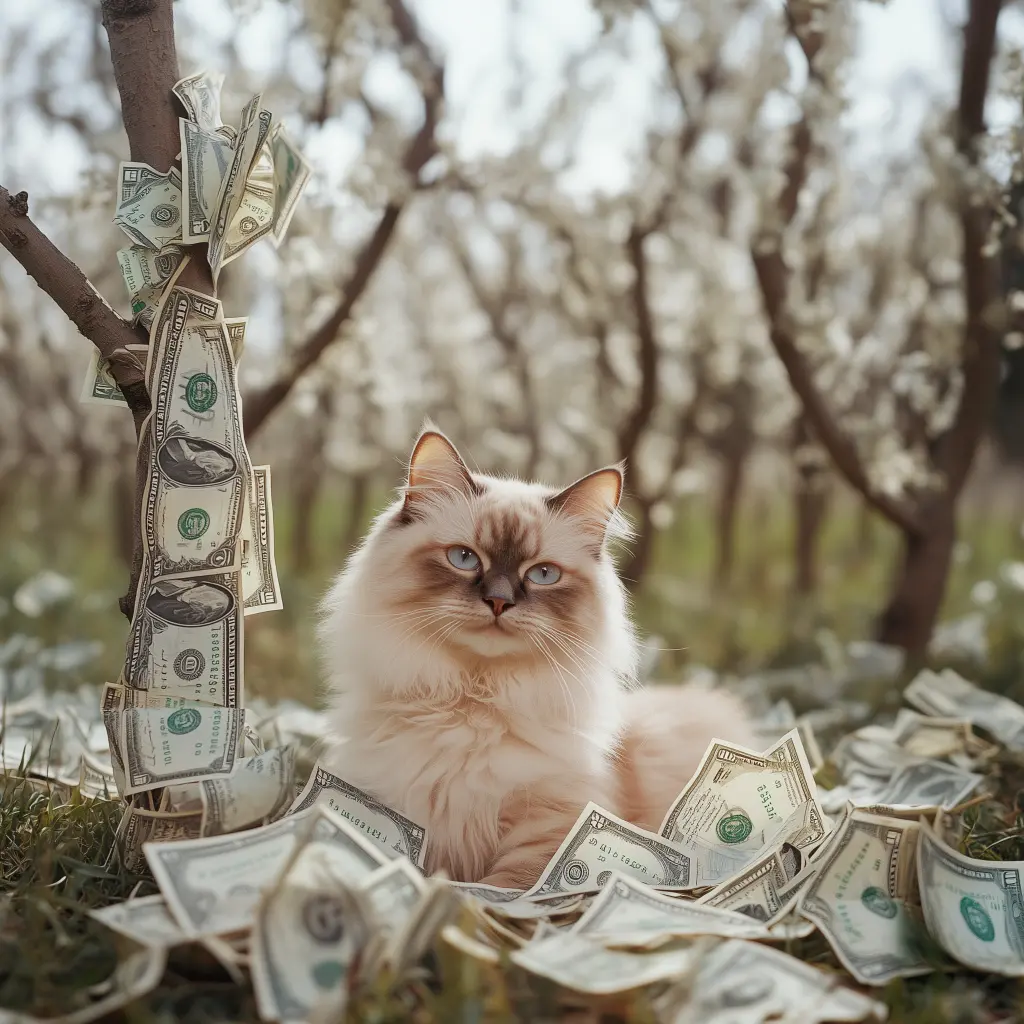 a cat in a field full of trees with limbs filled bills of money