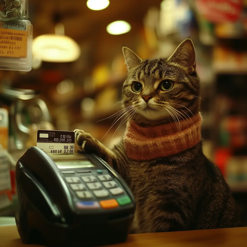 a cat in a store paying with a credit card