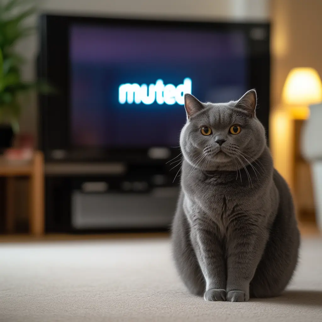 a cat in front of a TV that says muted