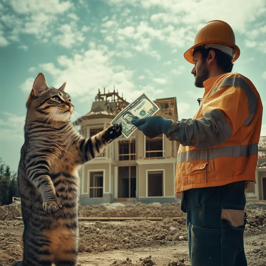 a cat in front of a mansion being constructed with cash in their paw giving it to a construction worker