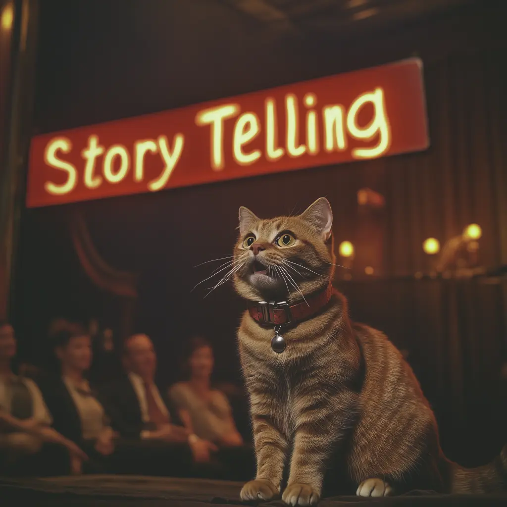 a cat in front of an audience in a theatre speaking with a sign behind it that says story telling