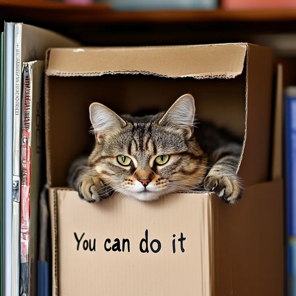 a cat inside a box on a book shelf with the words you can do it on the front