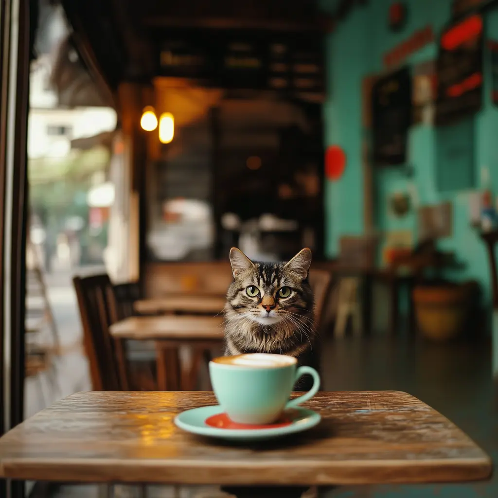a cat inside a coffee shop with a coffee cup in front of the cat