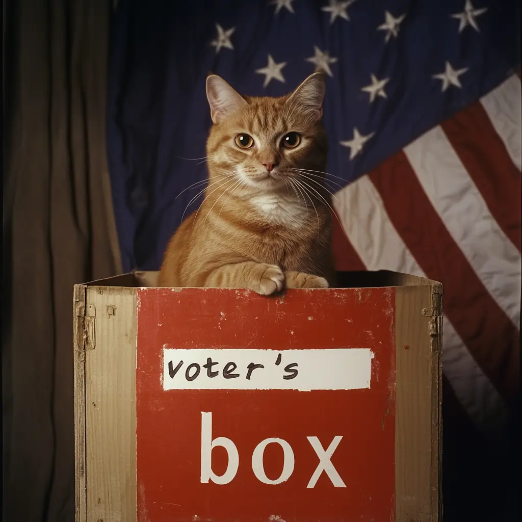 a cat inside a voters box with a flag behind it