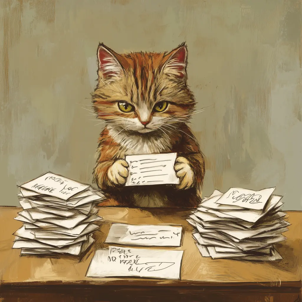 a cat looking at a desk sorting the mail