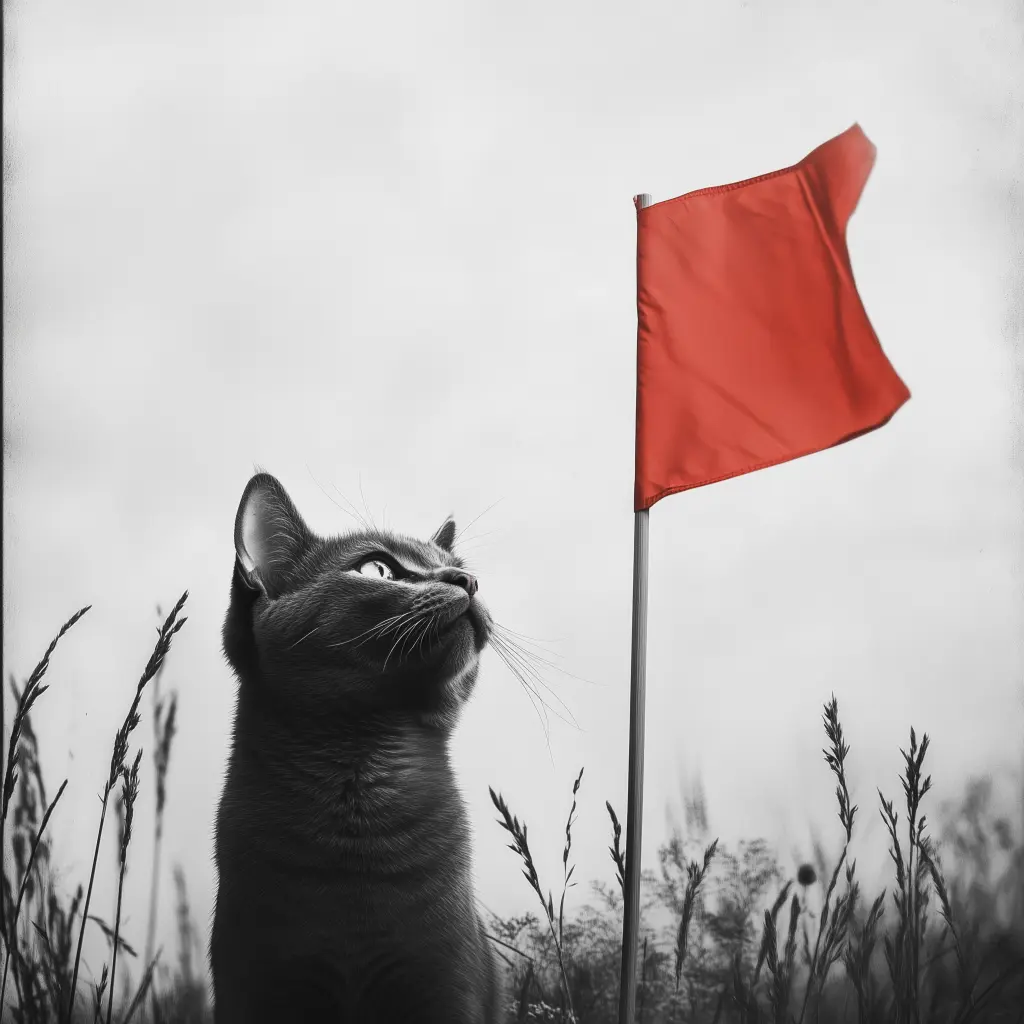 a cat looking forward at a red flag waving