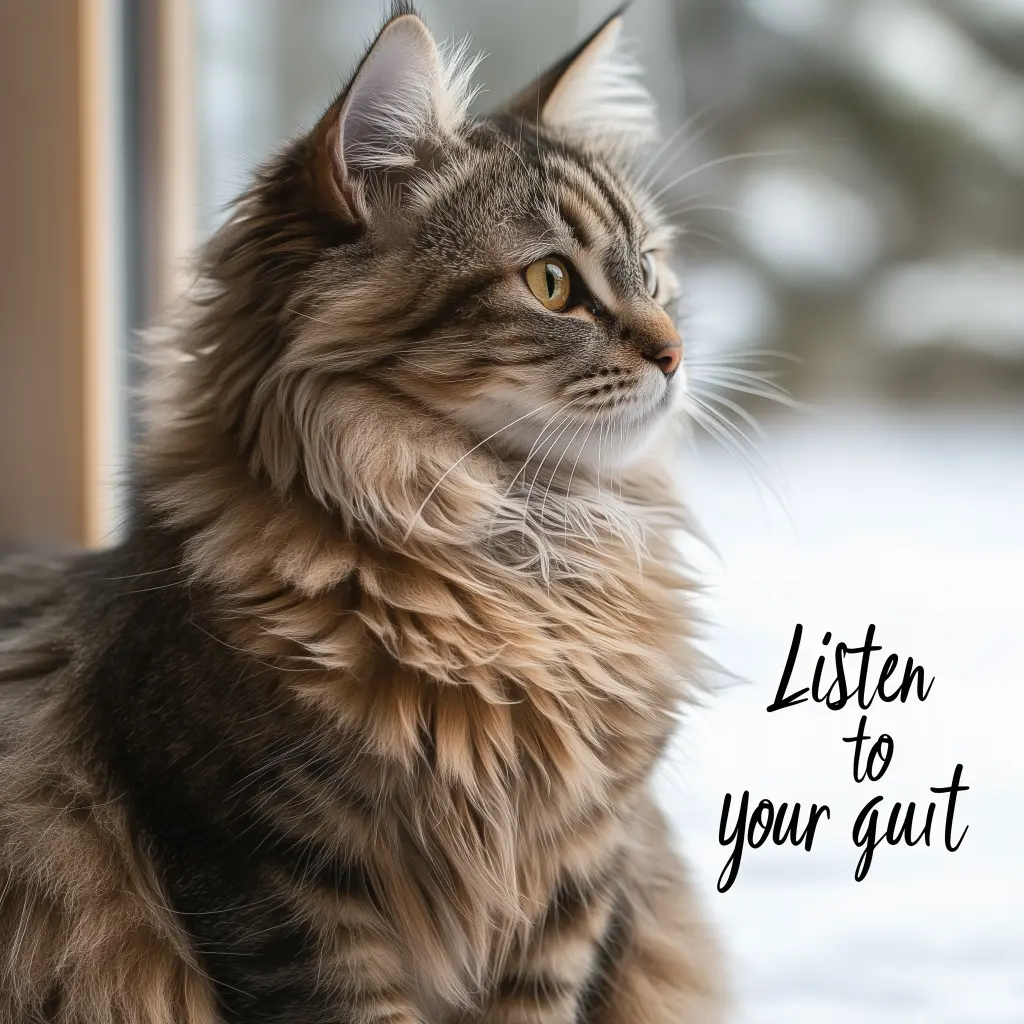 a cat looking on alert with a quote in the image that says listen to your gut