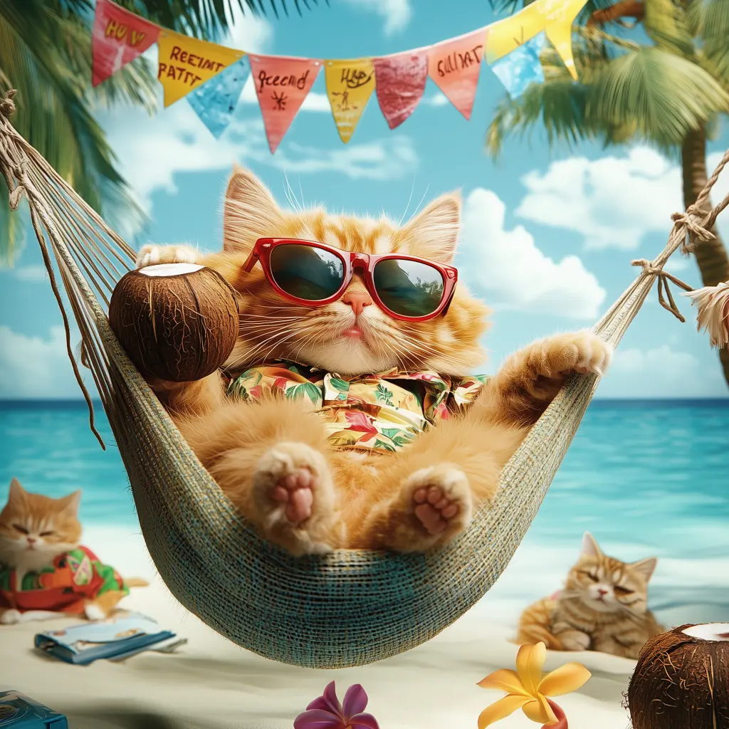 a cat lounging in a hammock on a beach with glasses and a coconut enjoying retirement