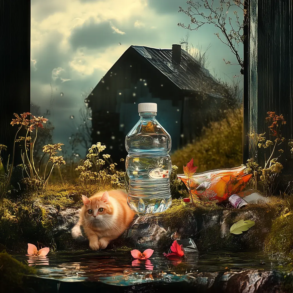 a cat next to a bottle of water in front of a house