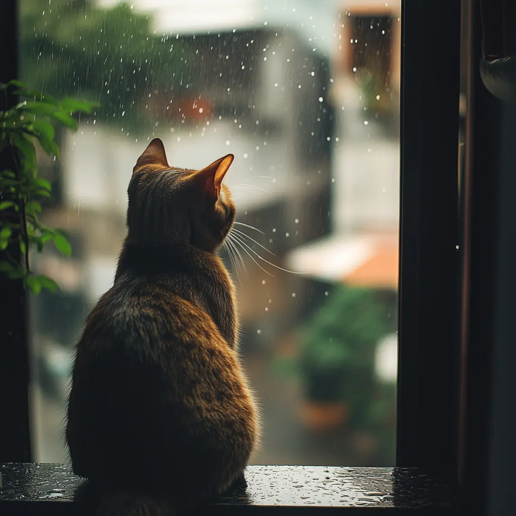 a cat on a patio looking at the rain