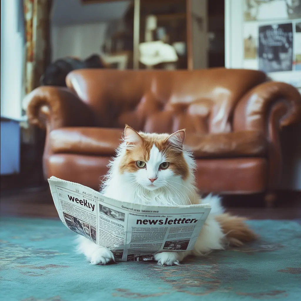 a cat on the floor of an apartment reading a newspaper with the words weekly newsletter on it