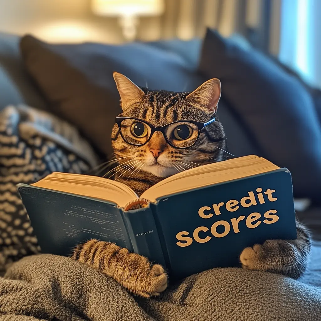a cat reading a book titled credit scores while sitting on a couch with glasses on