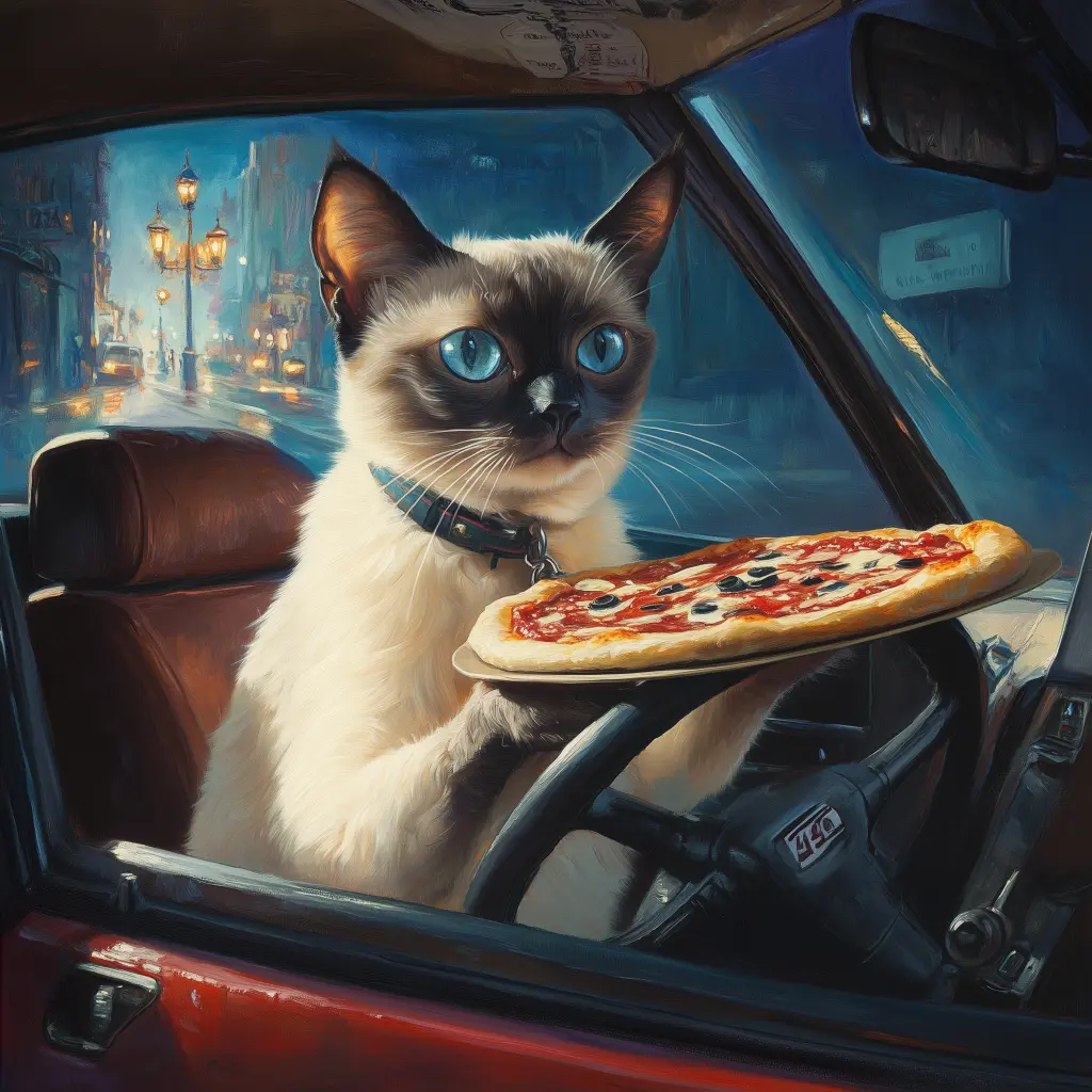 a cat sitting in a car with pizza in paws