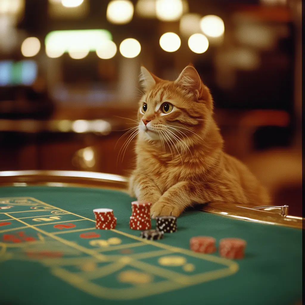 a cat sitting in a casino gambling with chips