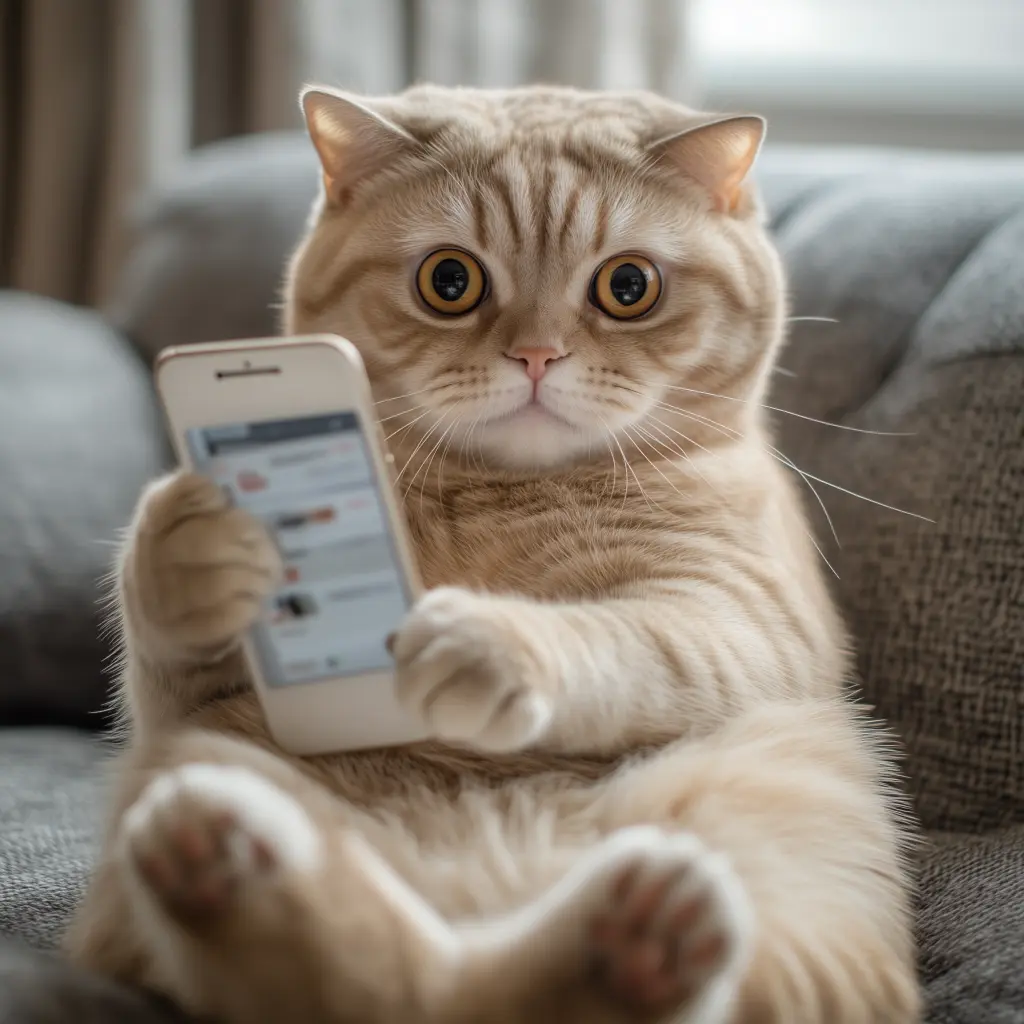 a cat sitting on a couch with a cell phone in paw displaying social media posts