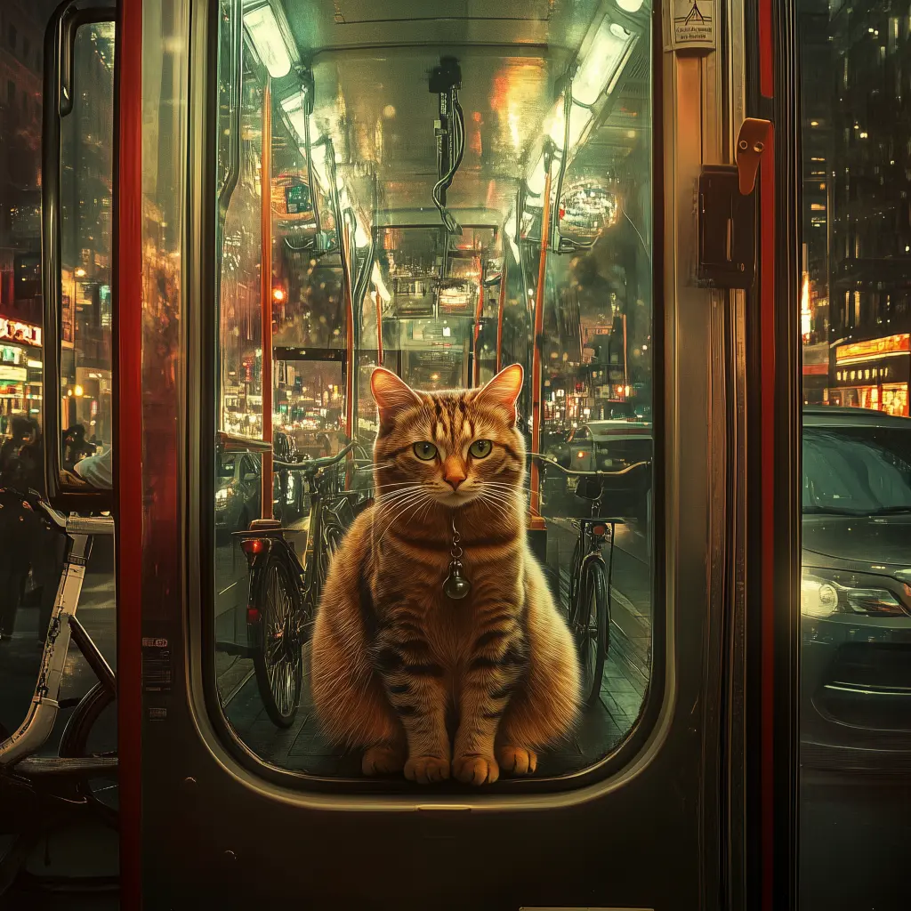 a cat surrounded by public transit, bicycle, scooter, and a car