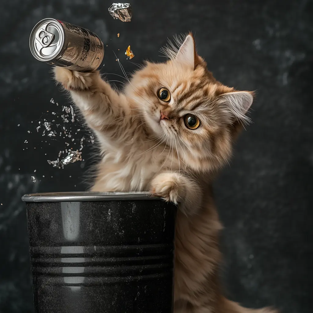 a cat tossing an aluminum can in a recycle bin