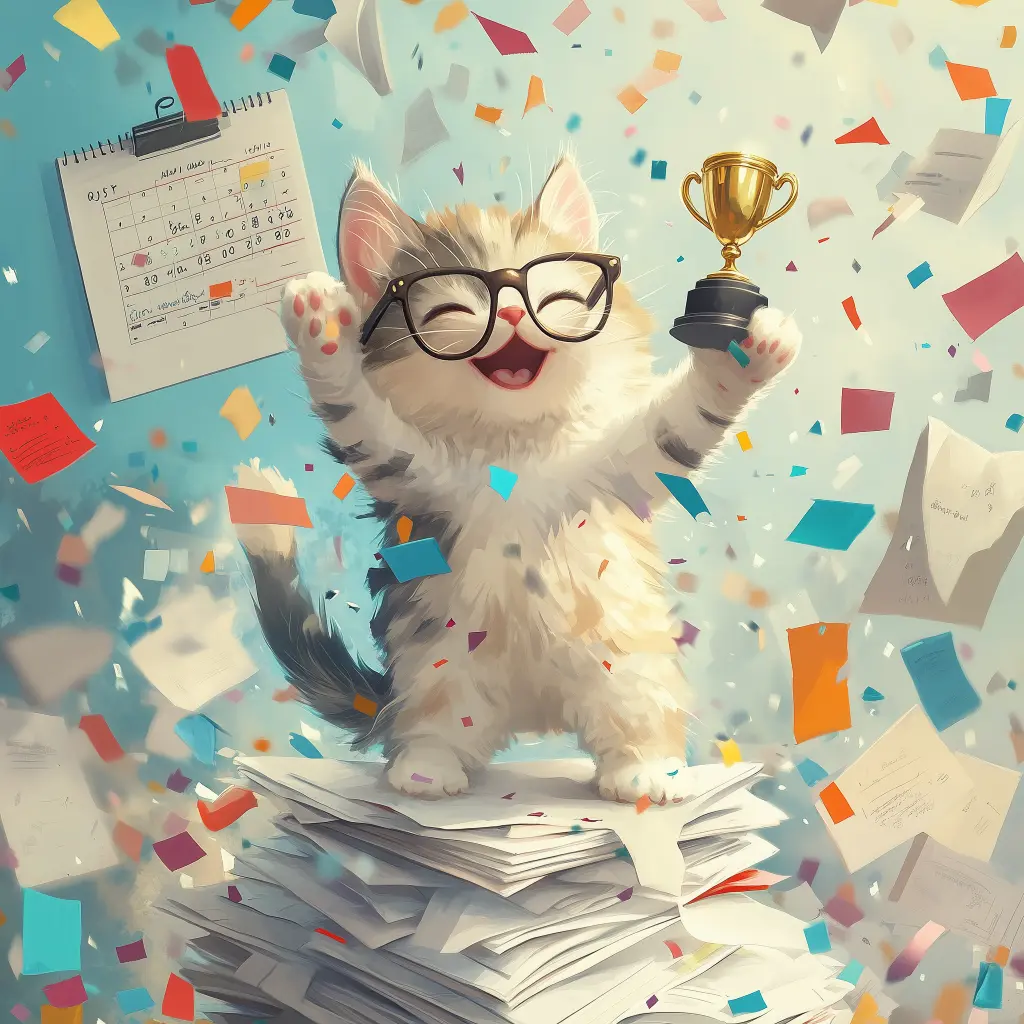 a cat wearing glasses and holding a trophy celebrating achieving a goal with confetti falling