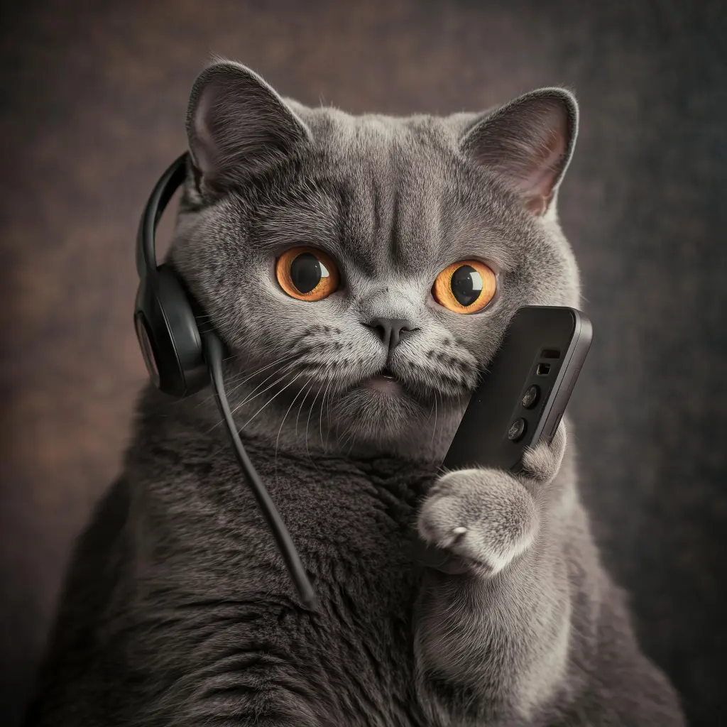 a cat wearing headphones on a celphone