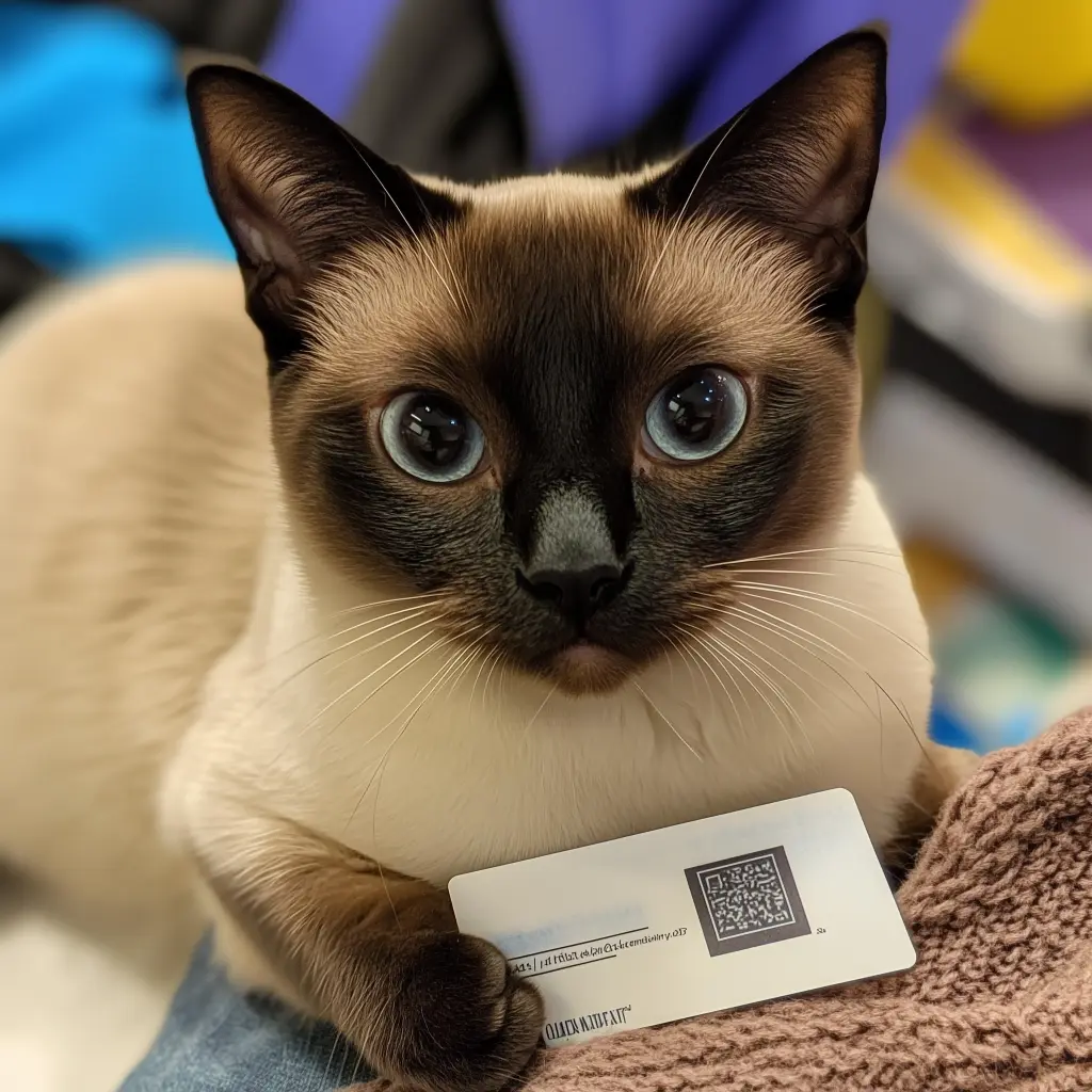 a cat with a business card from a worker