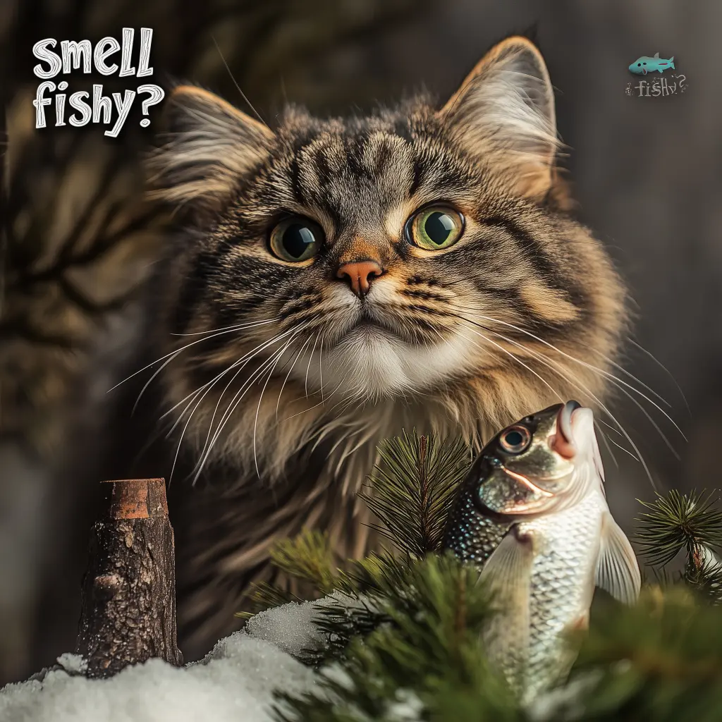 a cat with a fish beside it with the words smell fishy in the photo