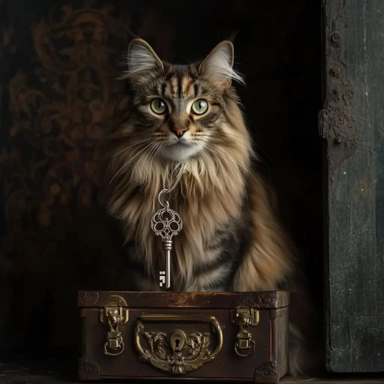 a cat with a key behind a mysterious box