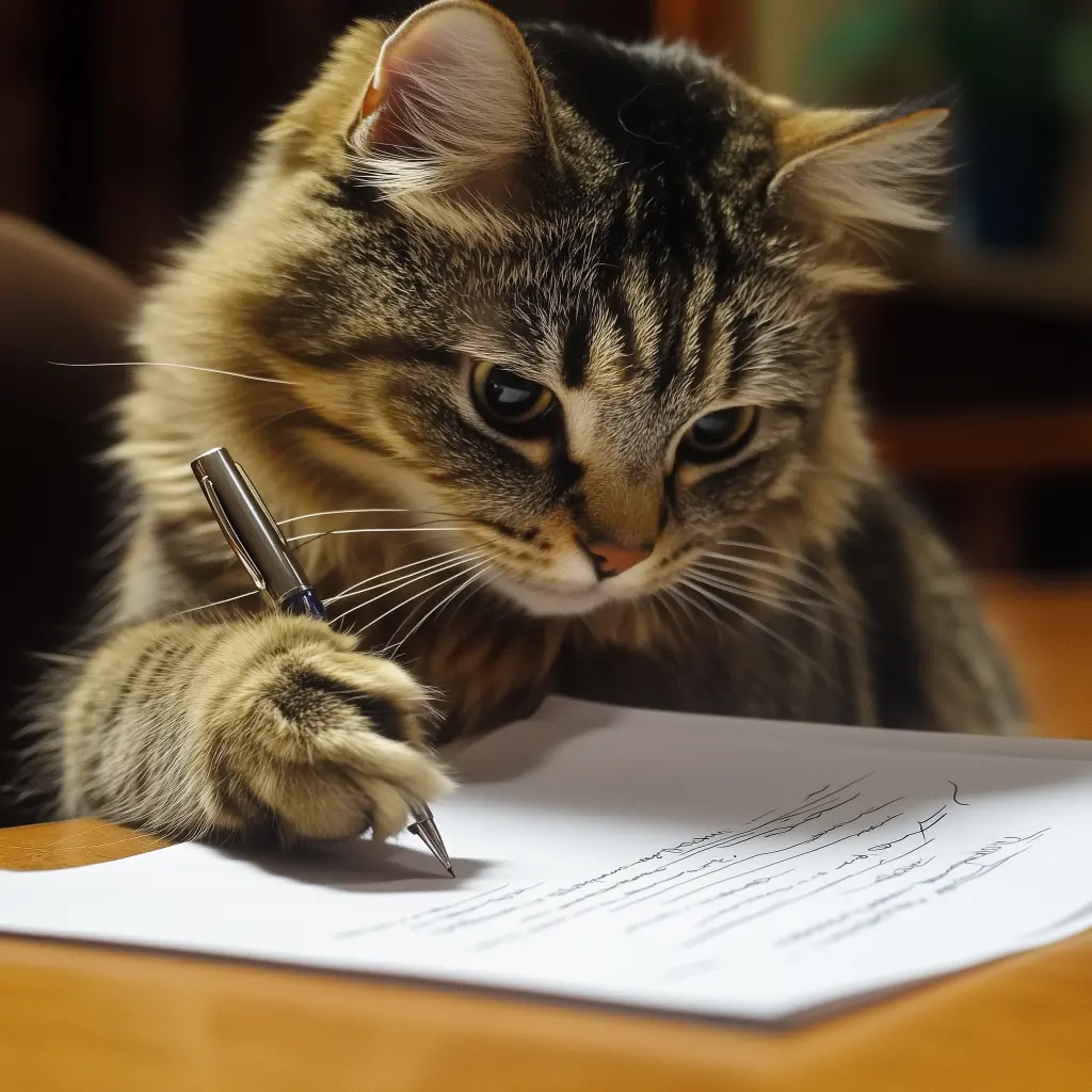 a cat with a pen in their paw looking at a paper to sign
