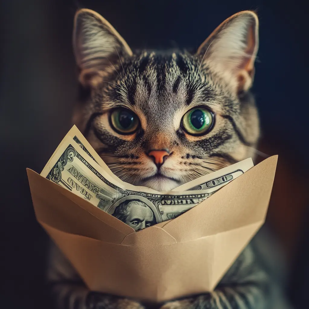 a cat with an envelope full of cash