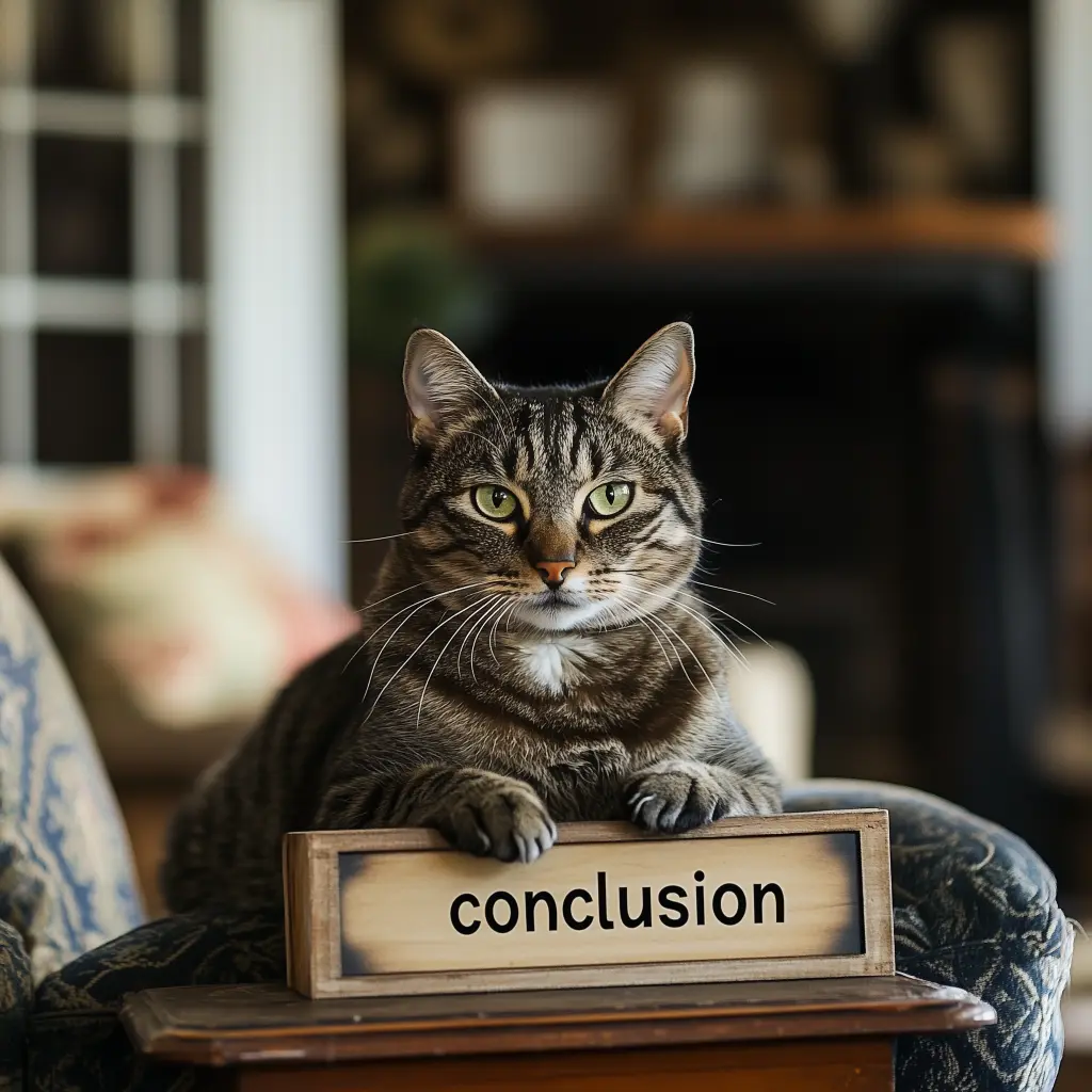a cat with paws on a wooden block with the word conclusion on it