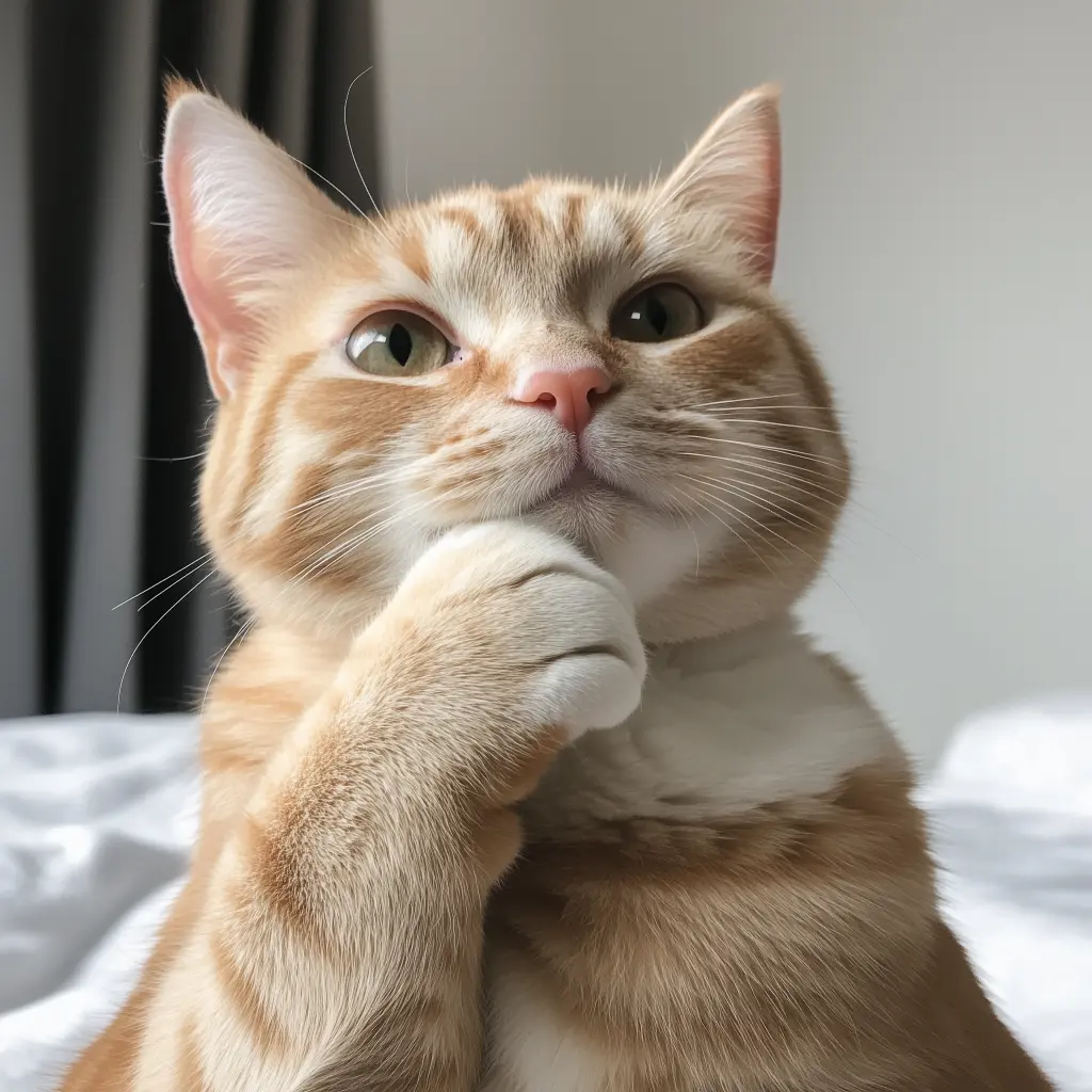 a cat with their paw under their chin as if thinking