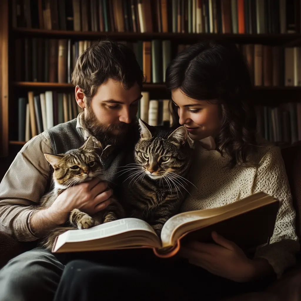 a family with two cats and a book in their lap in the library