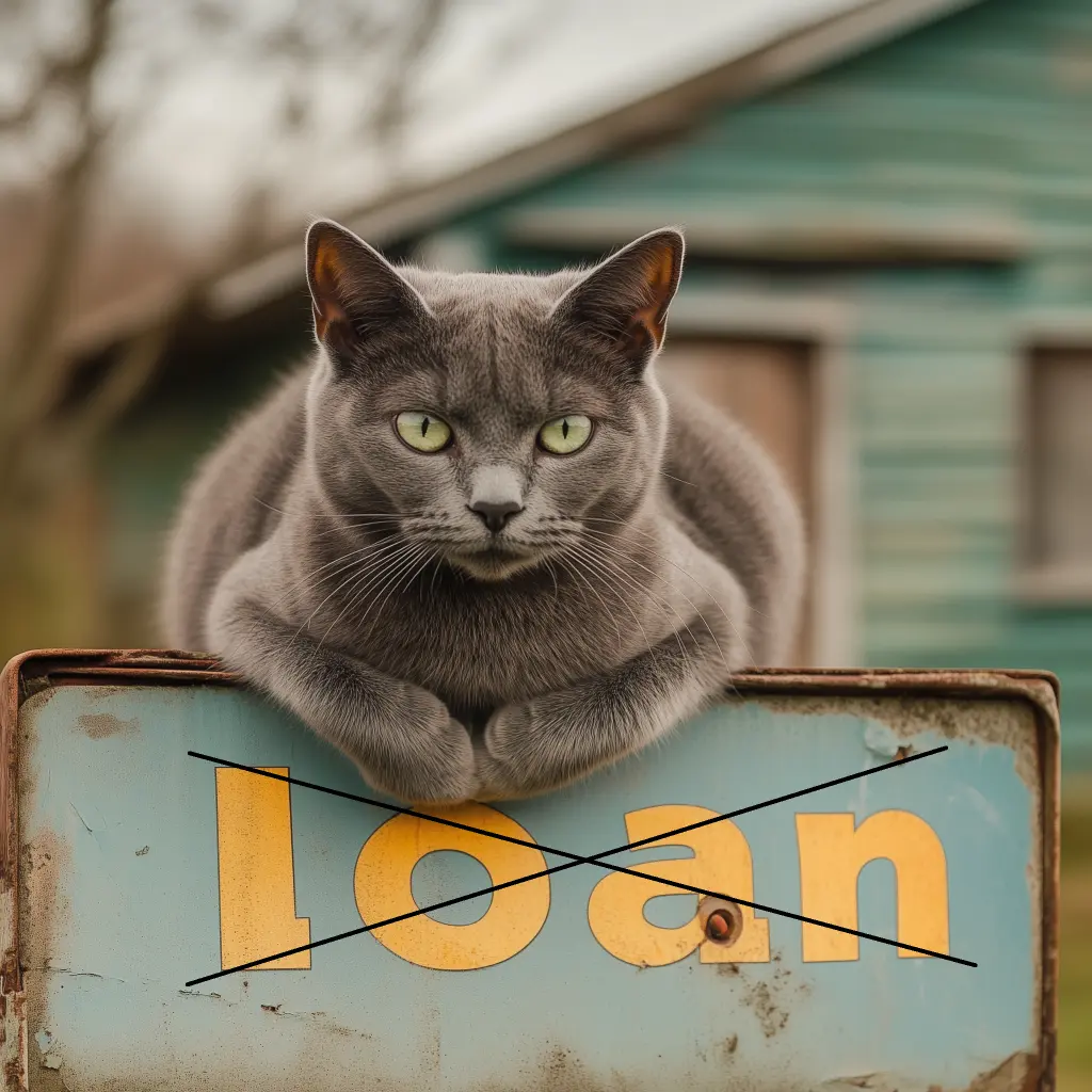 a gray cat on top of a sign that has the word loan crossed out