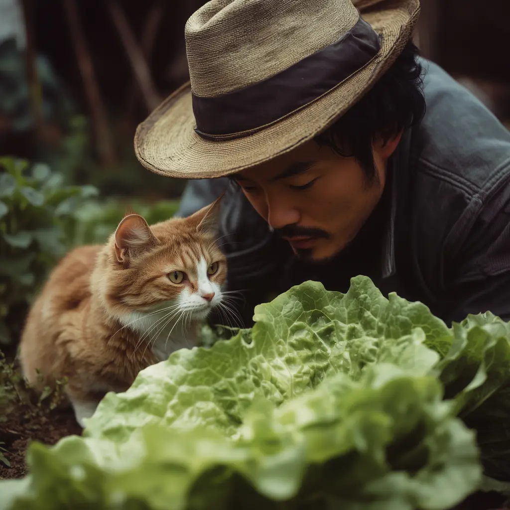 a man growing his own lettuce with his cat in the garden