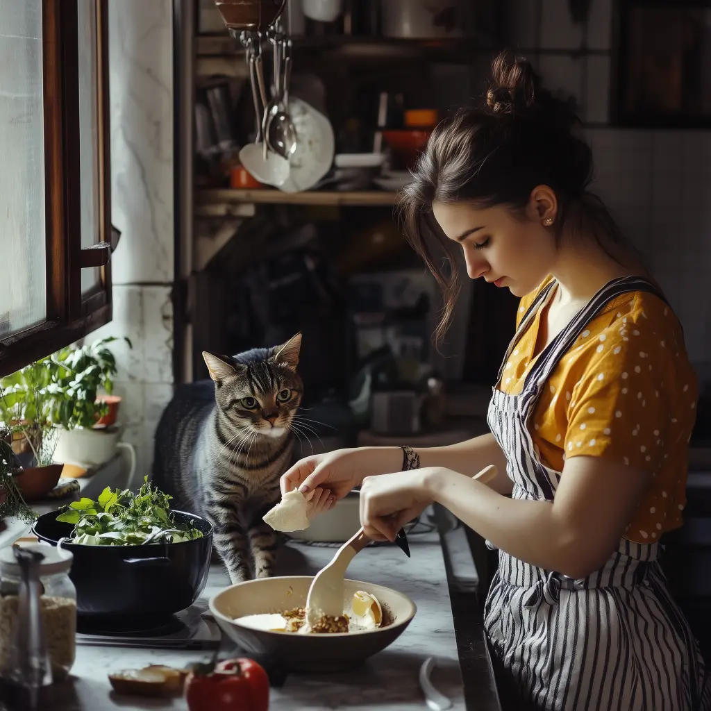 a woman in the kitchen prepping food while her cat is on the counter watching