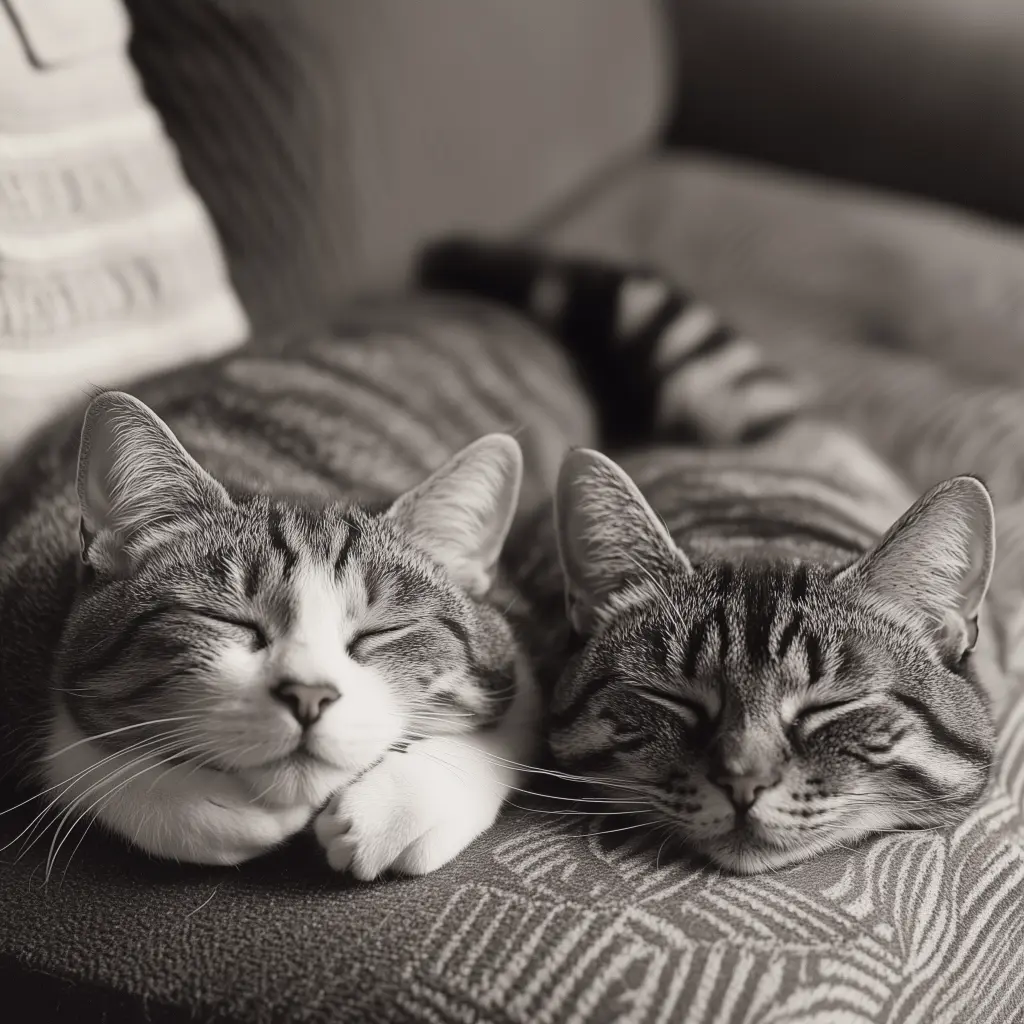 black and white photo of two cats that are sleeping and appear cool calm and collected