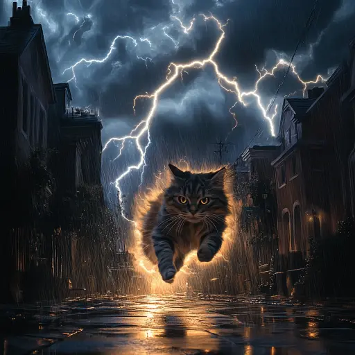 cat glowing from lightning strike in alley