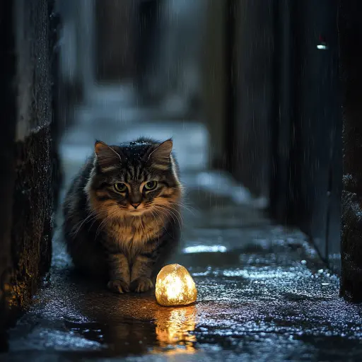 cat in the rain looking at a glowing rock